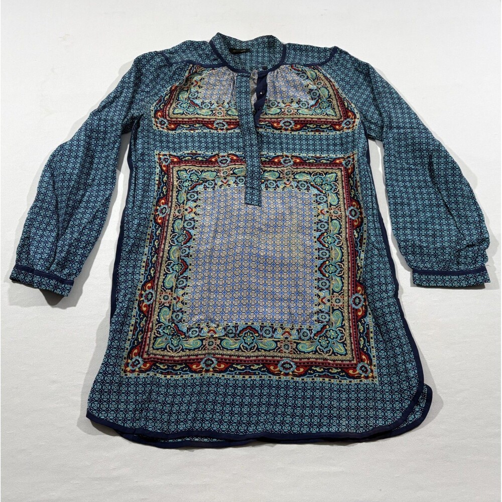 Tolani Blouse Tunic Top Blue Circle Geo Print Tie Silk 3/4 Sleeves Gypsy Sz XS